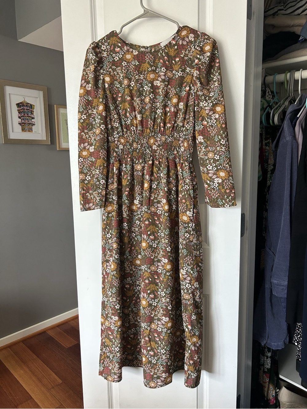 HAYDEN Brown Floral Midi Dress Long Sleeve Smocked Cottage Core